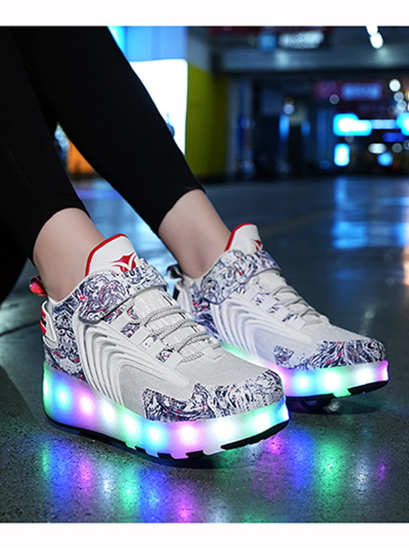 The New Trend Of Children's  LED Light Up Rechargeable Luminous Double Wheel Heelys Skates, Breathable Youth Student Sports Shoes