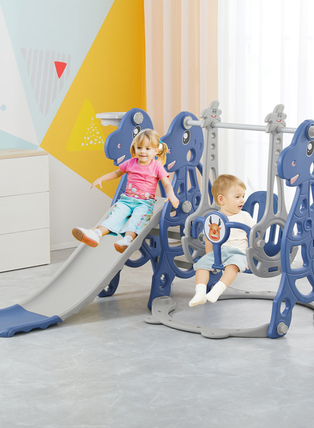 4 in 1 Toddler Slide Swing Set, Indoor Baby Slide, Includes Slide, Swing, Basketball Hoop, and Climber, Freestanding Slide Climber Playset Toy
