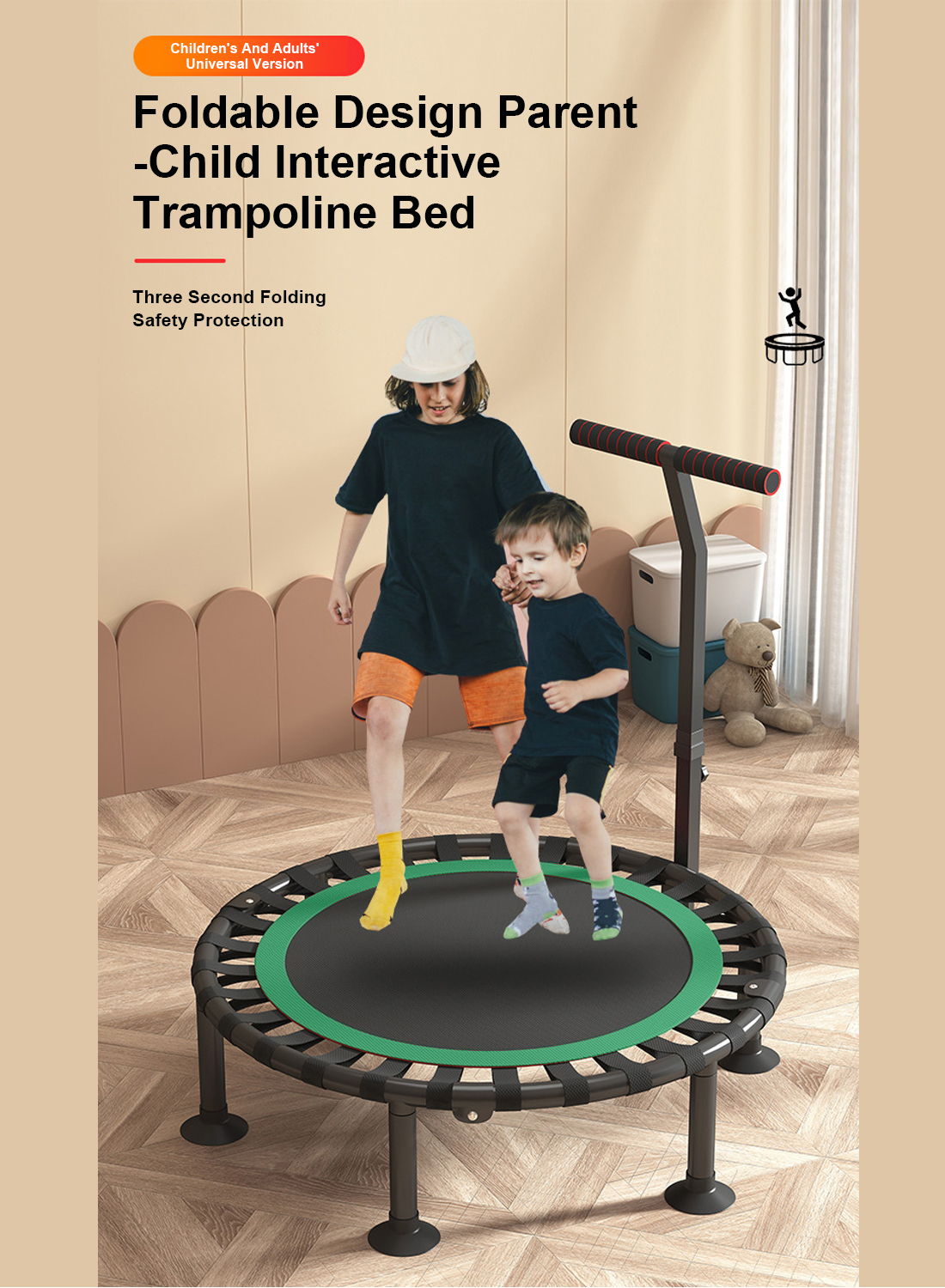 40 inch Silent Kids Indoor Trampoline Mini Trampoline with Adjustable Handle Bar Fitness Trampoline Bungee Rebounder Jumping