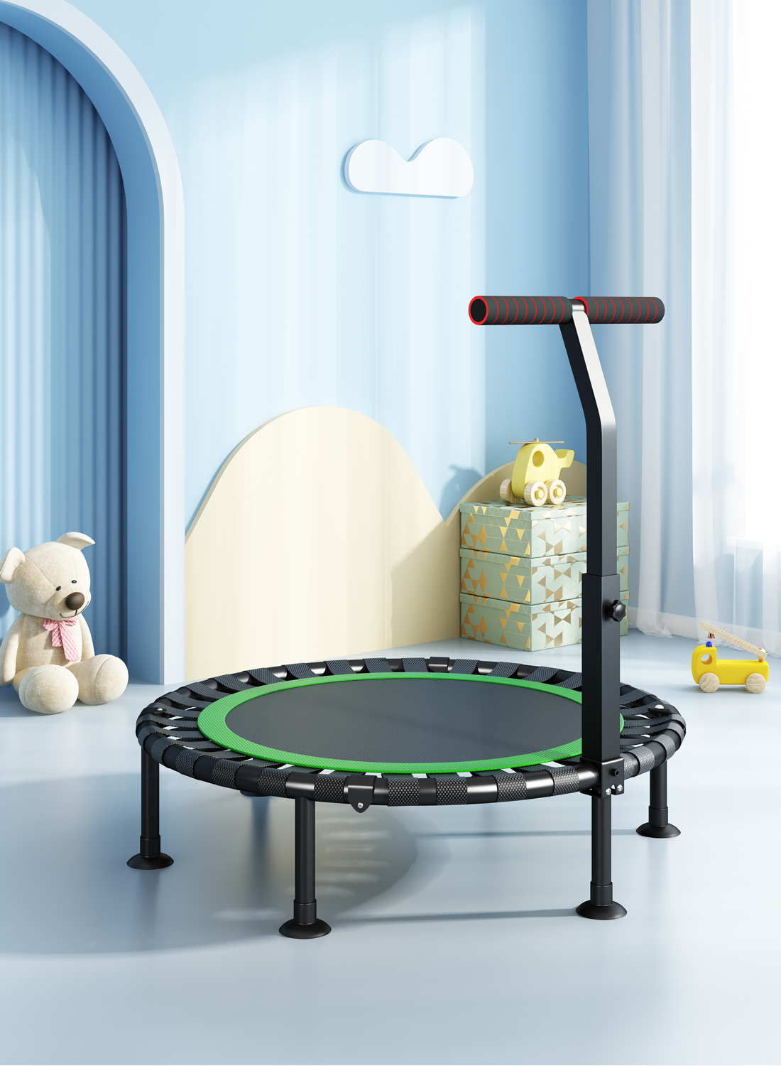 40 inch Silent Kids Indoor Trampoline Mini Trampoline with Adjustable Handle Bar Fitness Trampoline Bungee Rebounder Jumping
