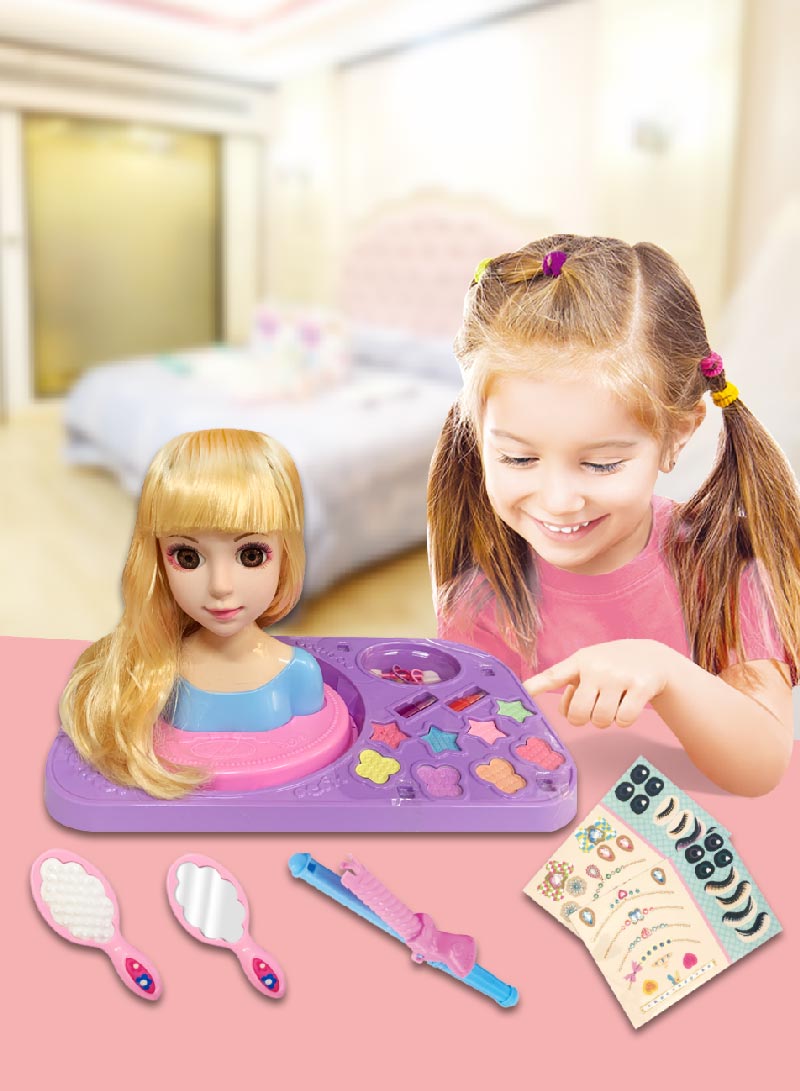 Kids Makeup Styling Doll Head Kids Play Makeup Starter Kit Cosmetic Beauty Set Makeup Set Mini Styling Head Pretend Play Dress Up Set