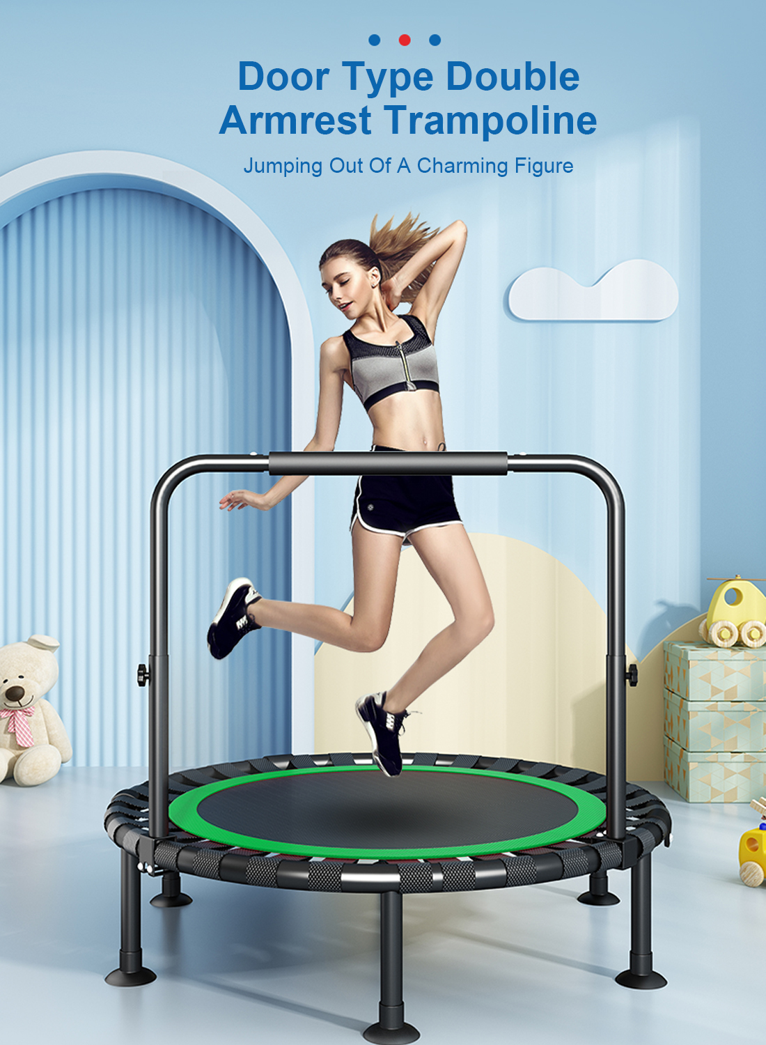 Foldable Mini Trampoline, 40 inches Fitness Trampoline with Bungees, U Shape Adjustable Foam Handle