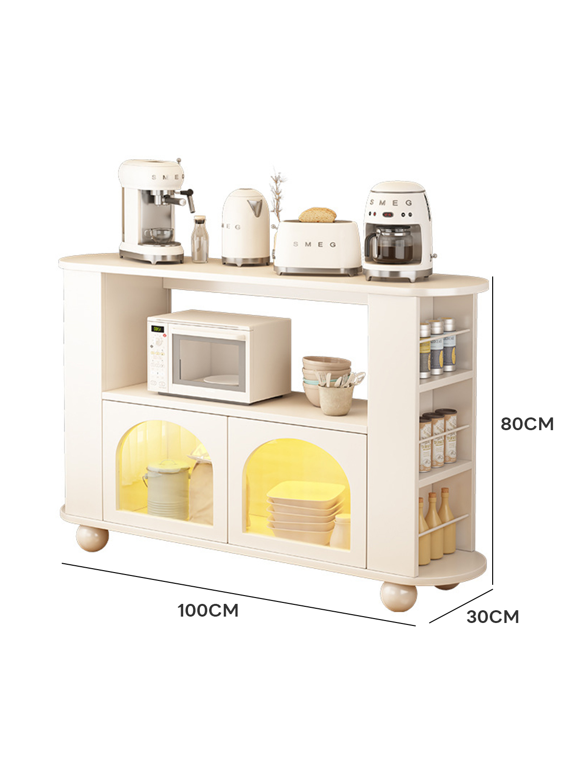 Ins Style Kitchen Cabinet, Cream-color Storage Sideboard for Kitchen &amp; Coffee Corner, Free-standing Sideboard with 2 Doors &amp; Opened Storage Space 100*30*80CM