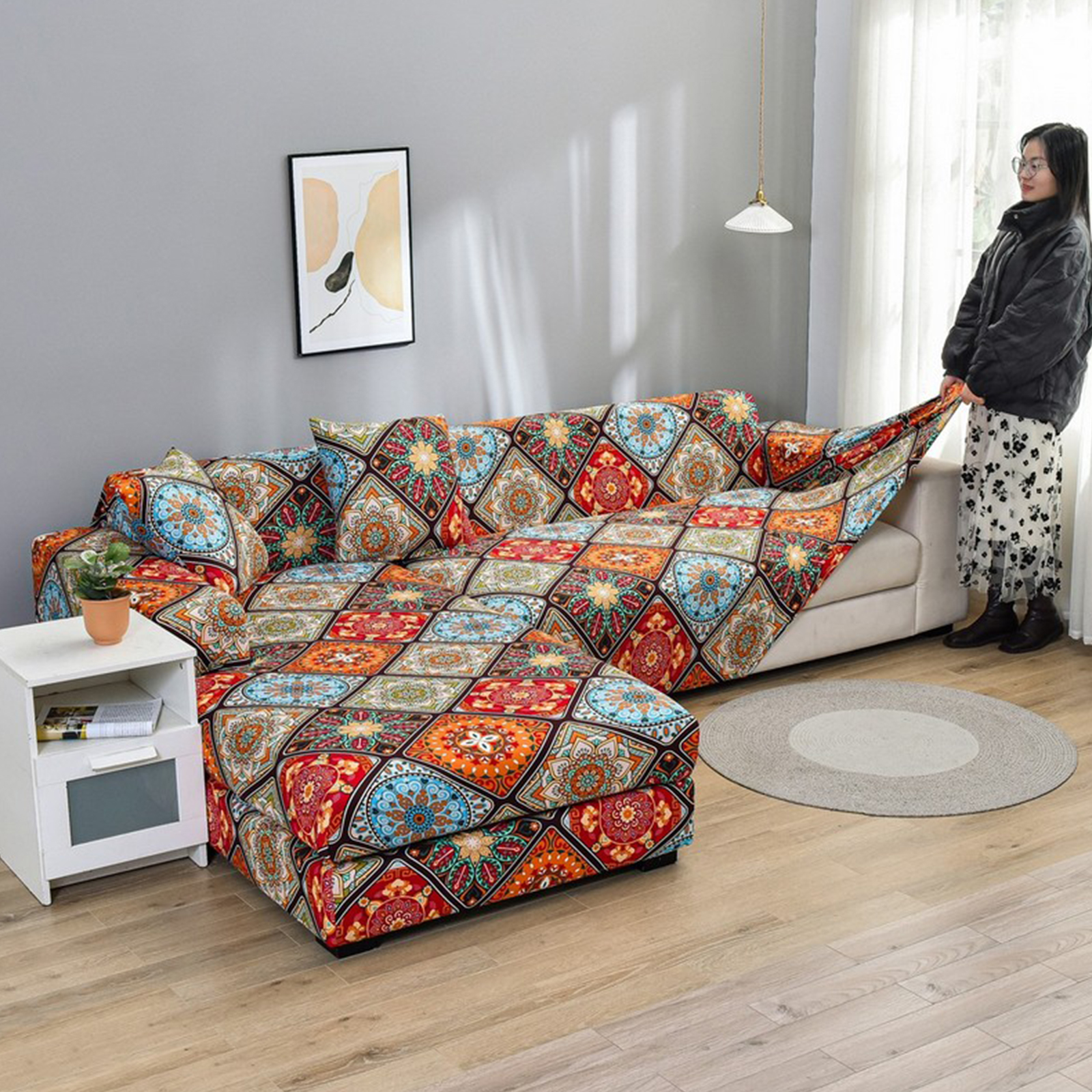 2-Piece L-Shaped Soft Stretch Printed Sofa Set For Three Persons, Washable For All Seasons, with 2 Pillowcases