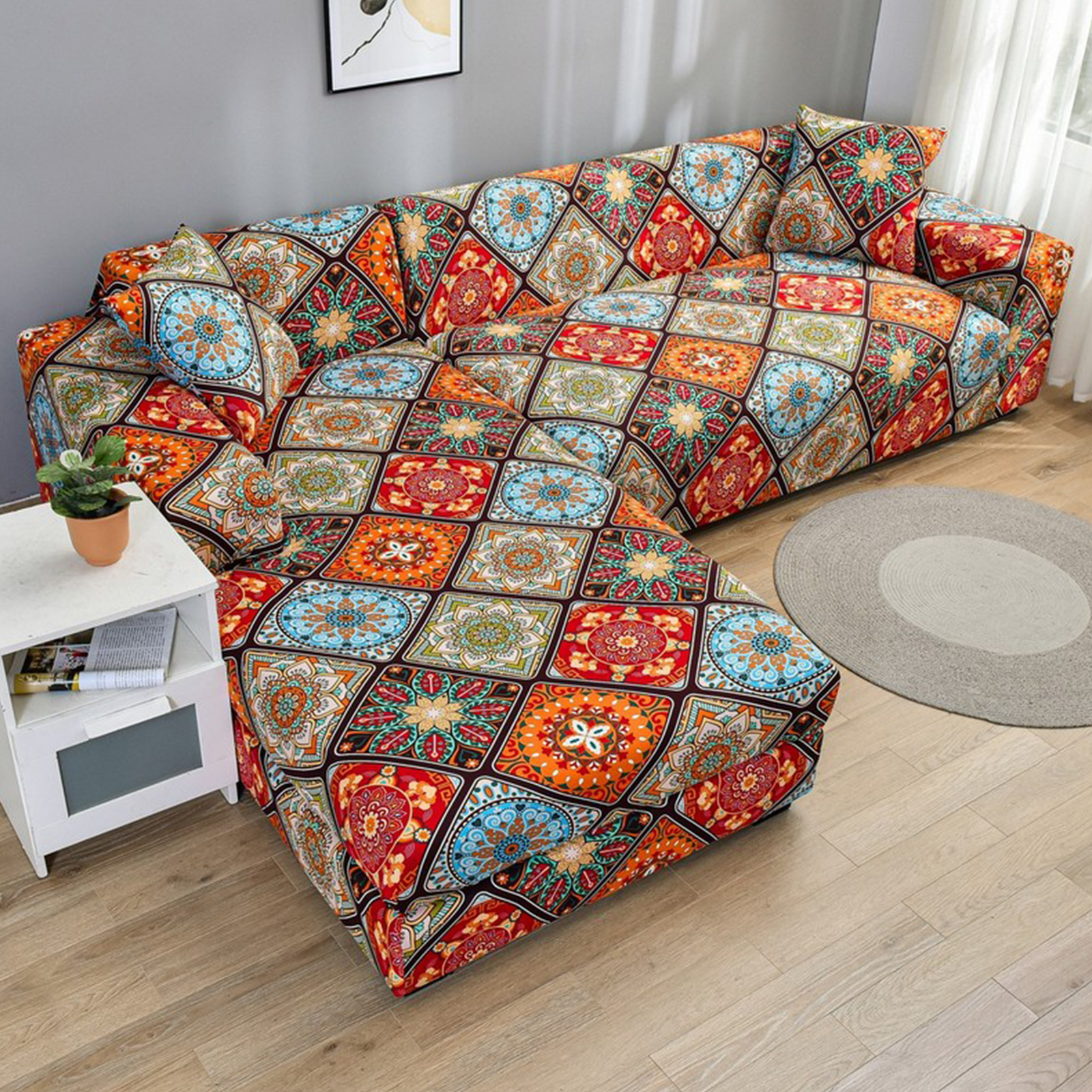 2-Piece L-Shaped Soft Stretch Printed Sofa Set For Three Persons, Washable For All Seasons, with 2 Pillowcases