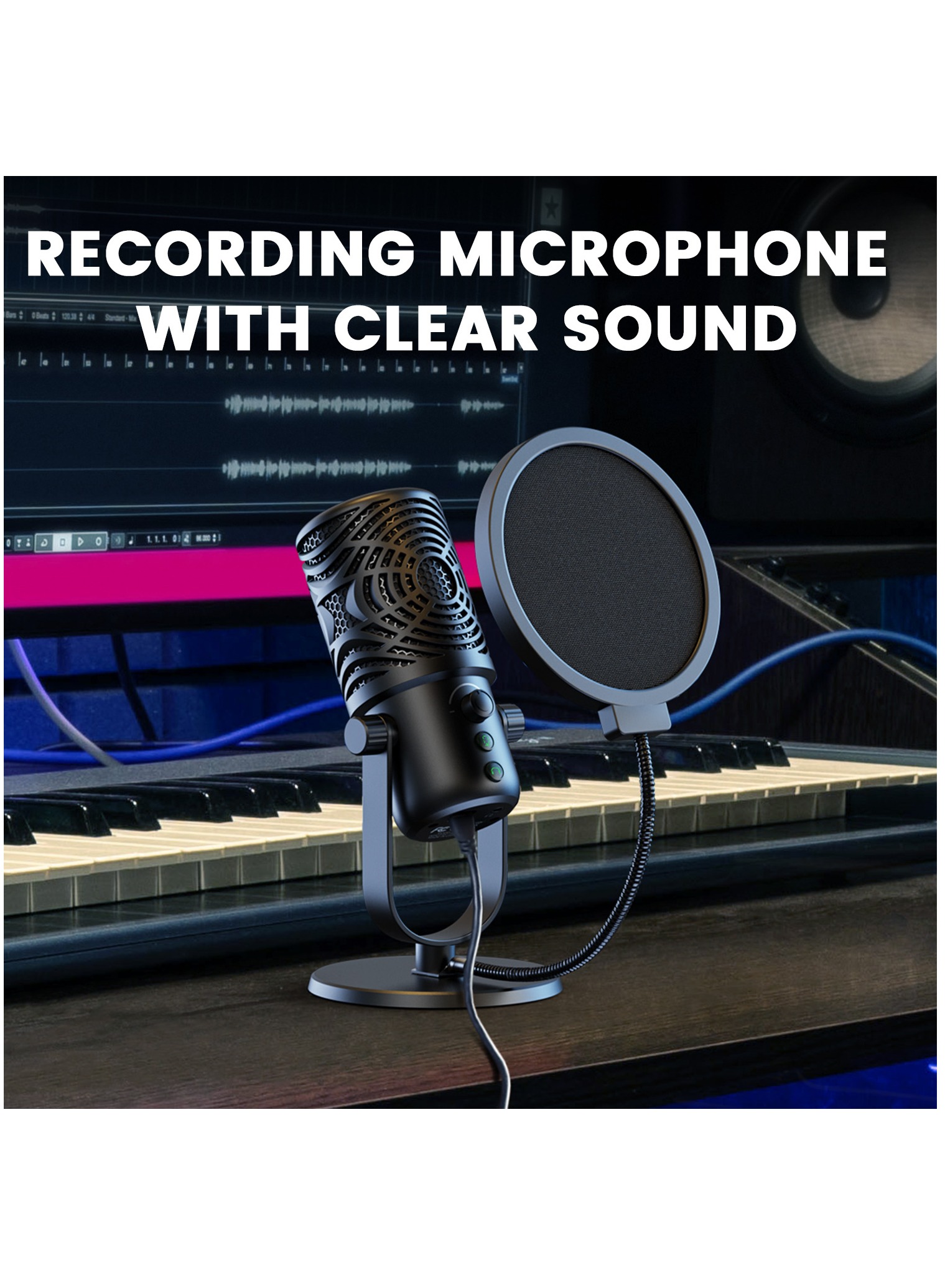 FM1 USB Condenser Microphone Professional Studio DJ Recording Streaming Mic With Pop Filter For PC Laptop Gaming Youtube
