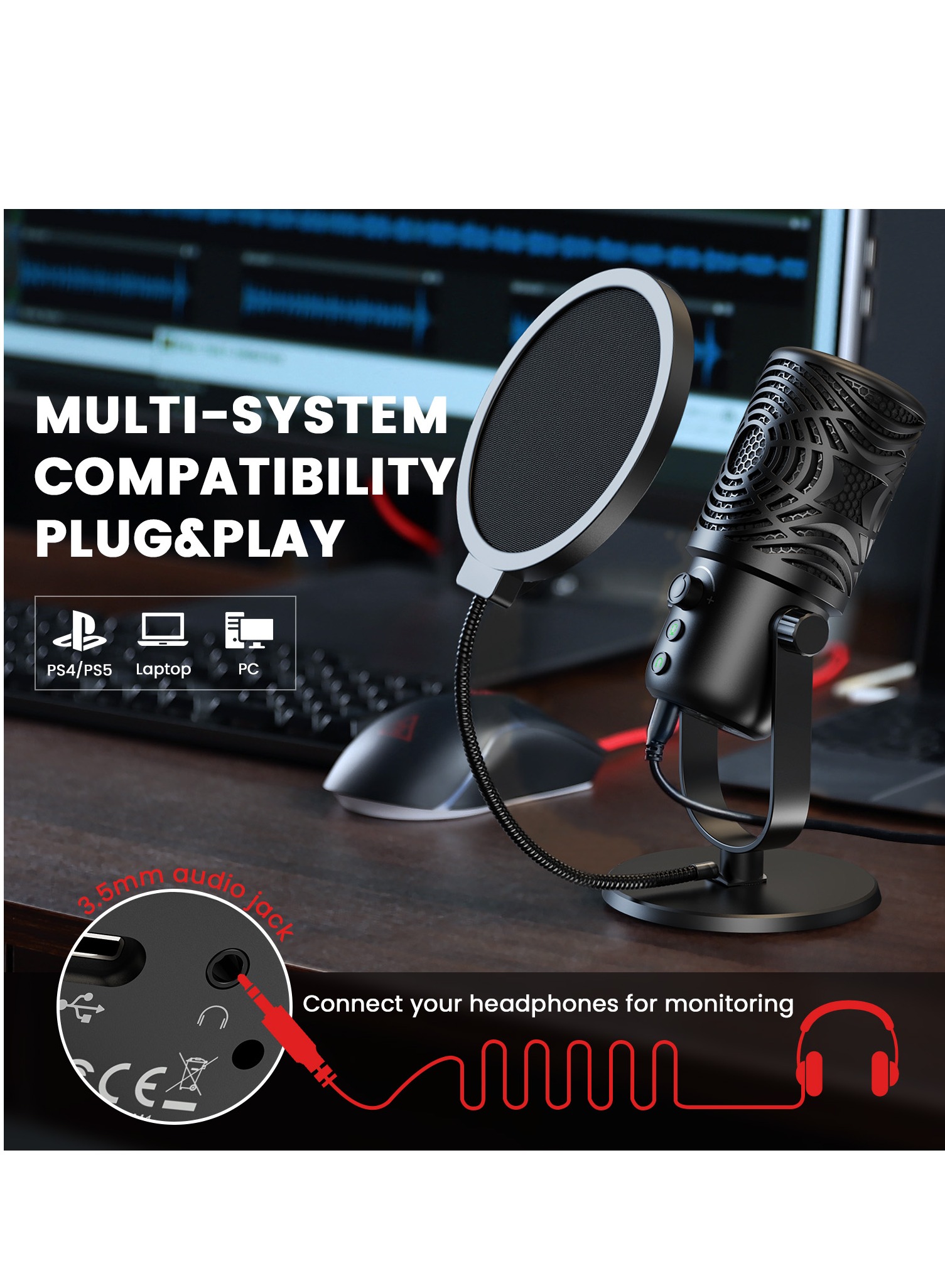 FM1 USB Condenser Microphone Professional Studio DJ Recording Streaming Mic With Pop Filter For PC Laptop Gaming Youtube
