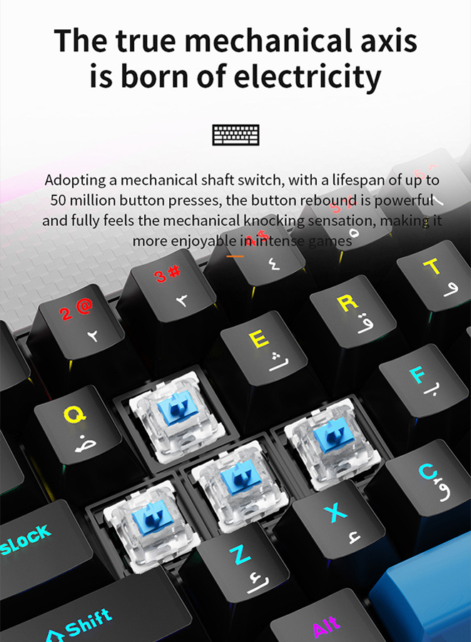 Arabic &amp; English Wired Gaming Keyboard,68 Keys Blue Switches Mechanical Keyboard for Office Gaming Black