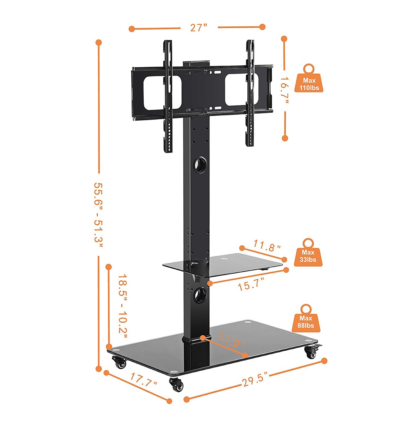 Mobile Floor TV Cart with Tempered Glass Shelf Height Adjustable TV Stand for 32&quot;-60&quot; LCD TVs