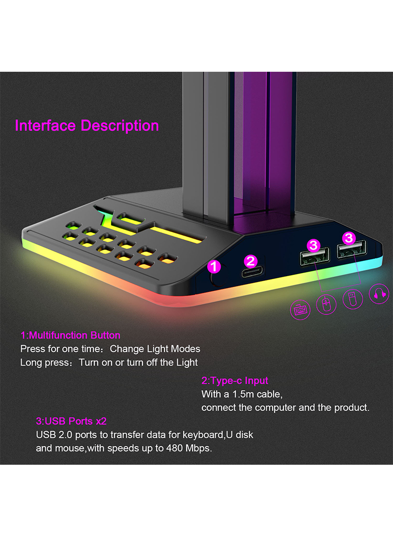 RGB Colorful Light Headset Stand with Dual USB Ports
